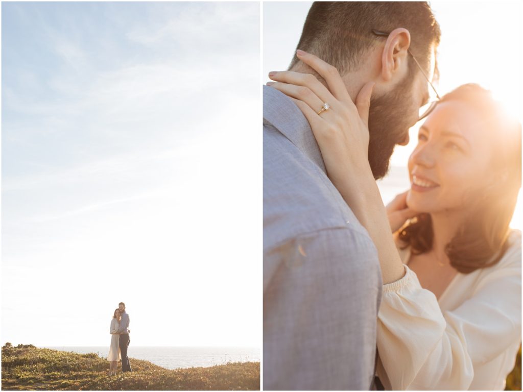 Couple kisses in the sunshine during their Half Moon Bay engagement photos