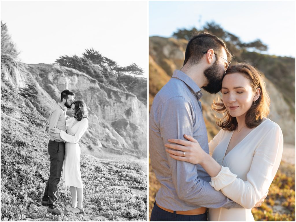 Couple kisses on the cliffs next to the ocean during their Half Moon Bay engagement photos