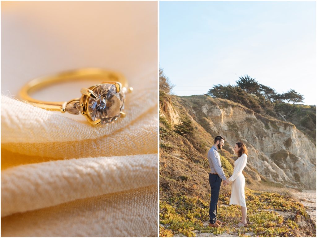 Gold and diamond engagement ring sits on yellow fabric 