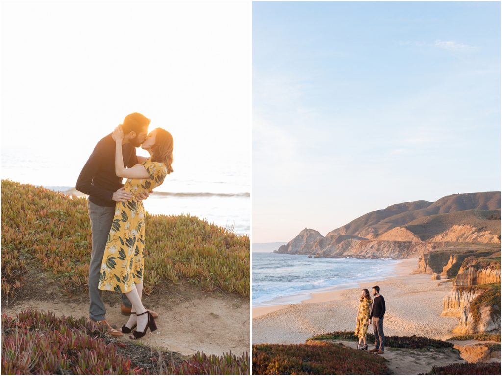 Man and woman kiss during their Half Moon Bay engagement photos on a cliff over the ocean in the sunshine