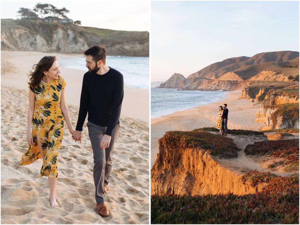 Couple walks on the beach together in Half Moon Bay
