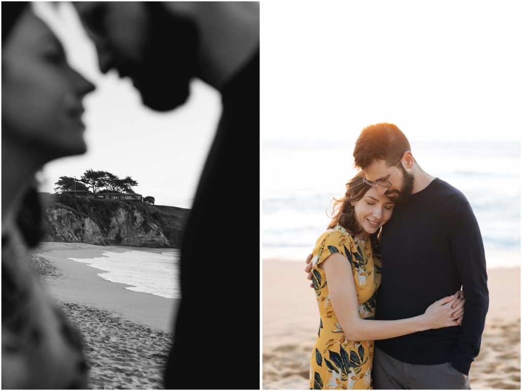 Gorgeous coastline behind a couple during their Half Moon Bay engagement photos