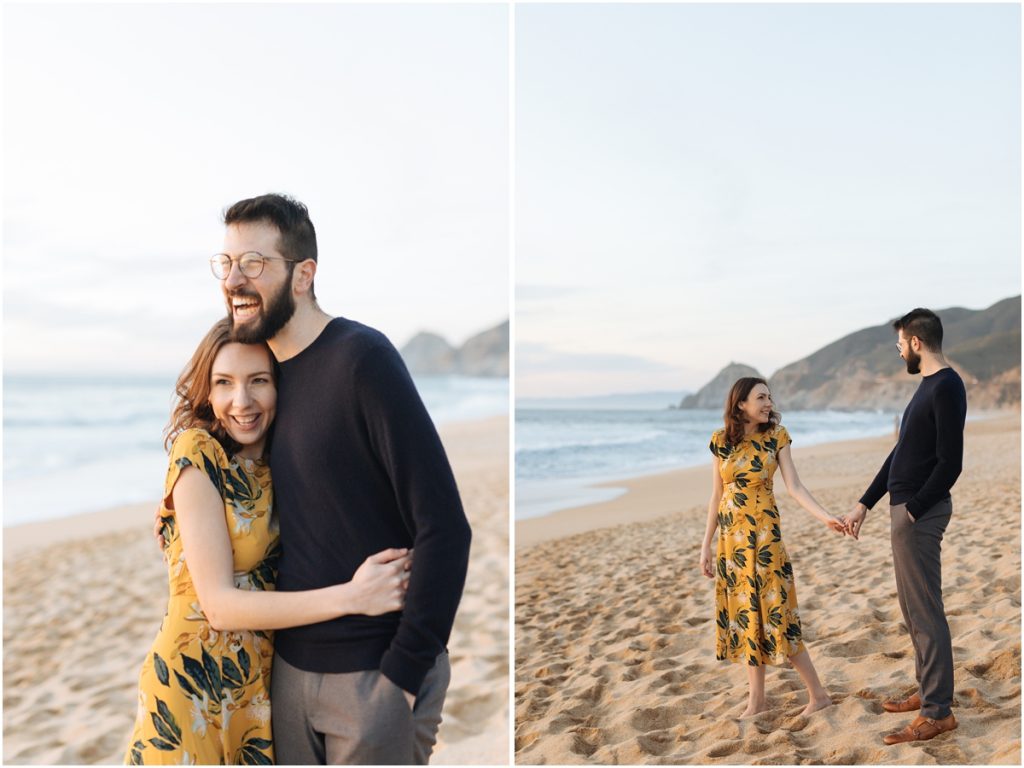 Half Moon Bay engagement photos where the couple are laughing together on the beach