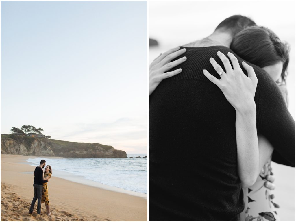 Couple embraces in front of the ocean and cliffs in Half Moon Bay