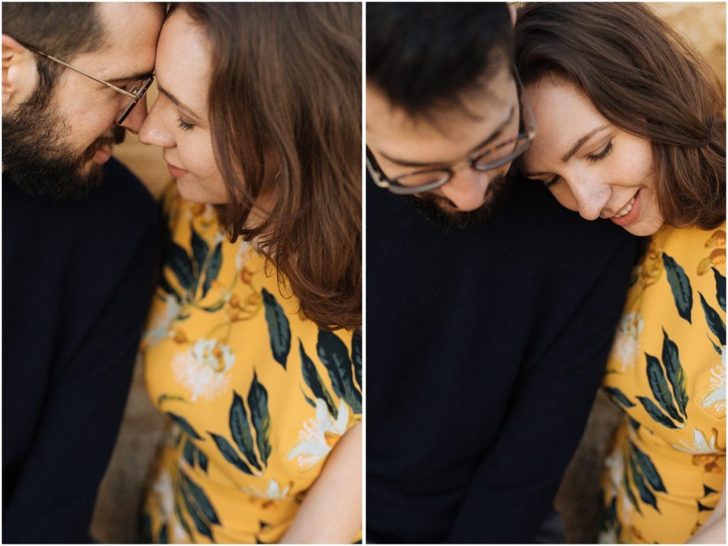 Woman and man rest their heads together during their Half Moon Bay engagement photos