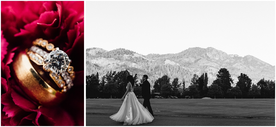 Bride and groom walk together in front of some beautiful mountains in Santa Rosa, California