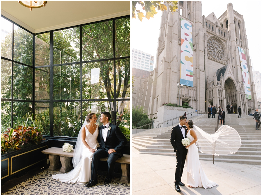 Bride and groom kiss in front of Grace Cathedral in San Francisco, California, on their wedding day