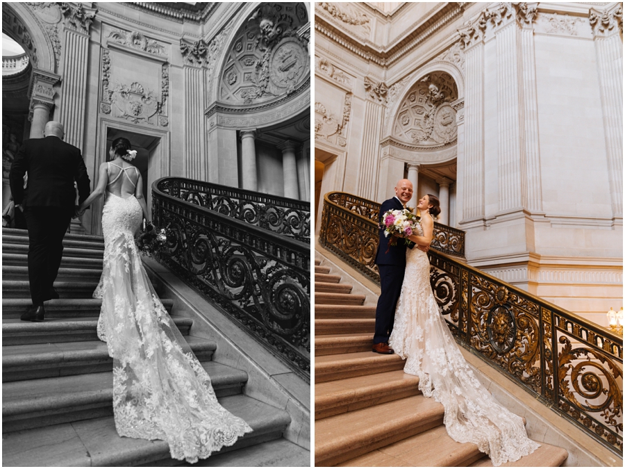 Couple walks up the Grand Staircase during their San Francisco City Hall wedding in California