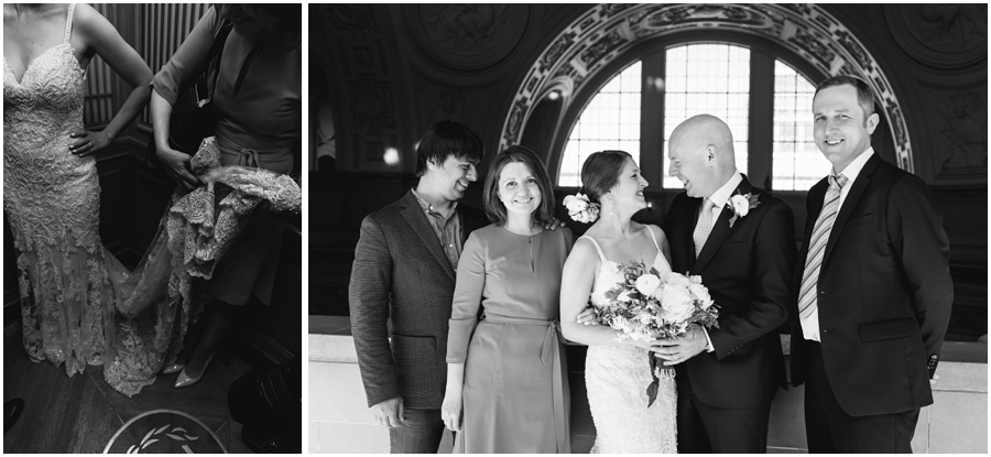 Friend holds bride's dress during their San Francisco City Hall wedding in the elevator