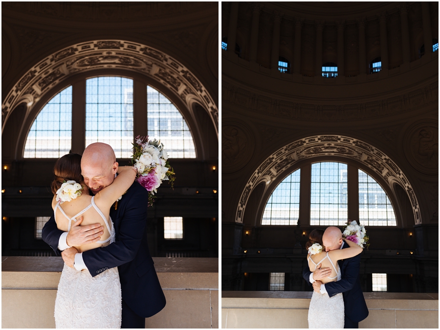 Couple hugs and laughs together during their San Francisco City Hall wedding in California