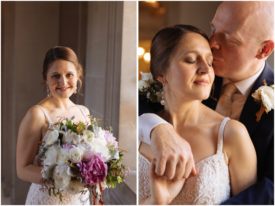 Groom kisses bride on the forehead after their San Francisco City Hall wedding