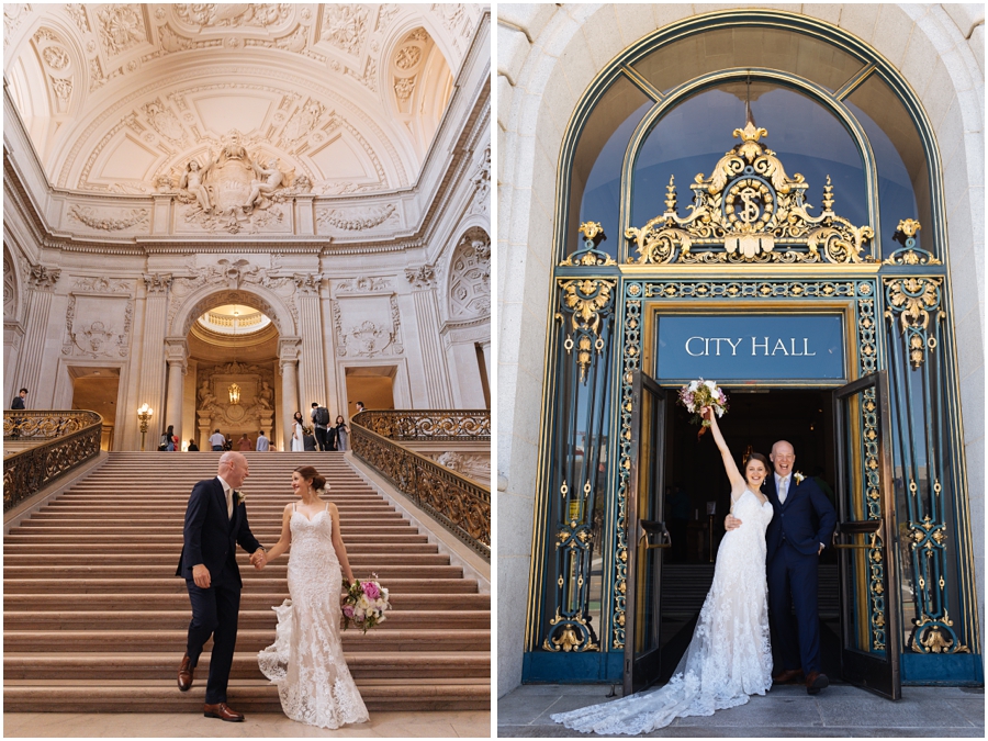 Bride and groom celebrate in front of City Hall before their San Francisco picnic wedding reception