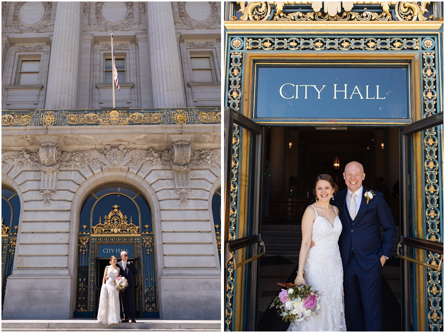 Bride and groom stand in front of San Francisco City Hall after getting married inside