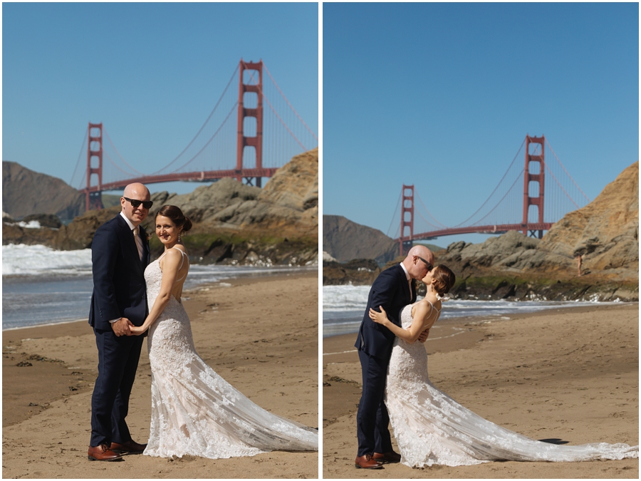 Bride and groom kiss on the sand at Baker Beach in front of the Golden Gate Bridge during their San Francisco picnic wedding on the beach