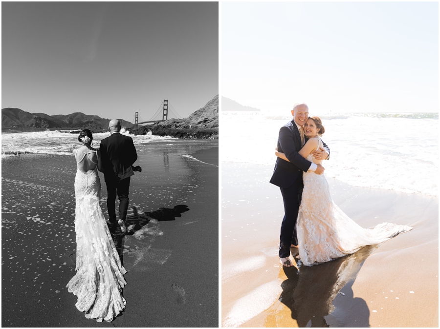 Bride and groom walk through the waves at Baker Beach in front of the Golden Gate Bridge during their San Francisco picnic wedding on the beach