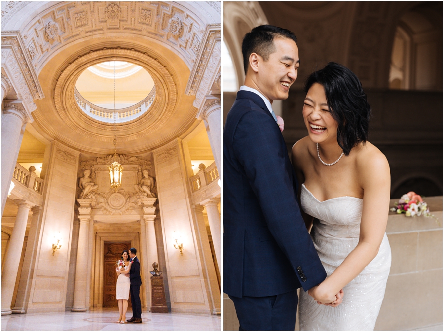 Couple laugh during their San Francisco City Hall wedding in the rotunda