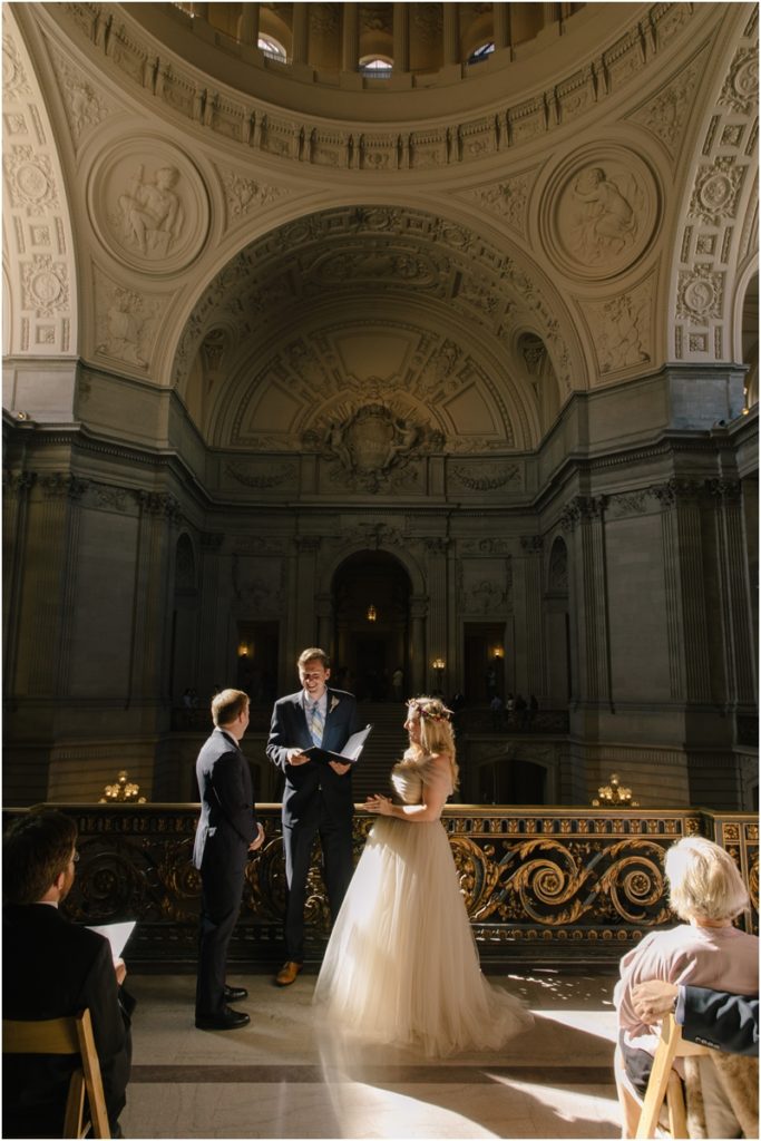 A marriage ceremony at the Mayor's Balcony in San Francisco City Hall during a one hour ceremony