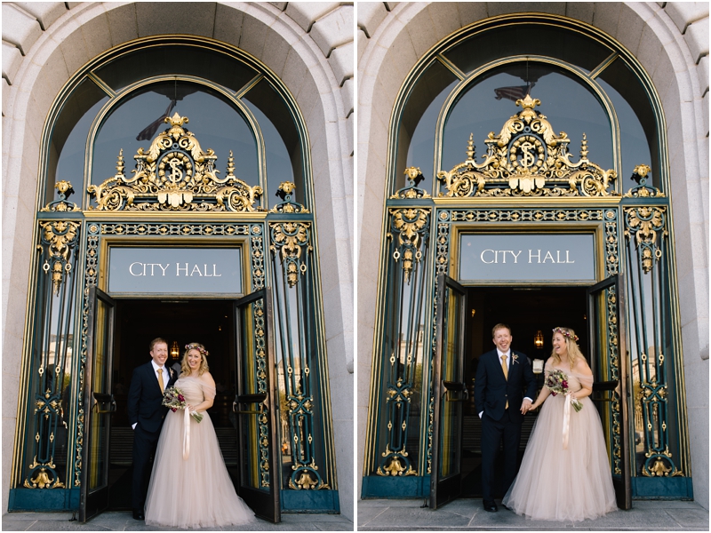 Couple stands outside in front of San Francisco City Hall after they get married inside