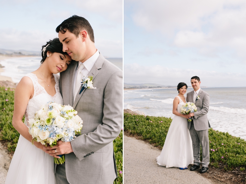 Bride and groom portraits in front of the beach at Half Moon Bay wedding venue the Hastings House