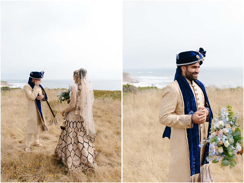 Groom cries while seeing his bride for the first time during their Half Moon Bay wedding at the Ritz Carlton at Half Moon Bay wedding venue the Ritz Carlton