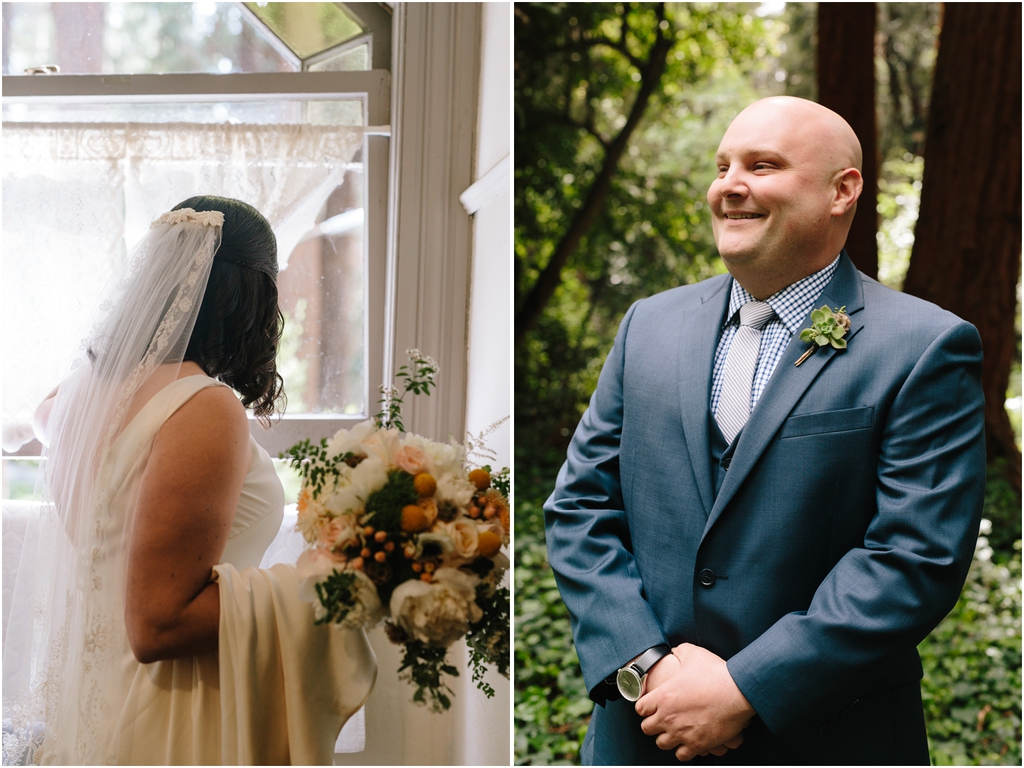 Bride peeks out the window at groom at Stern Grove wedding