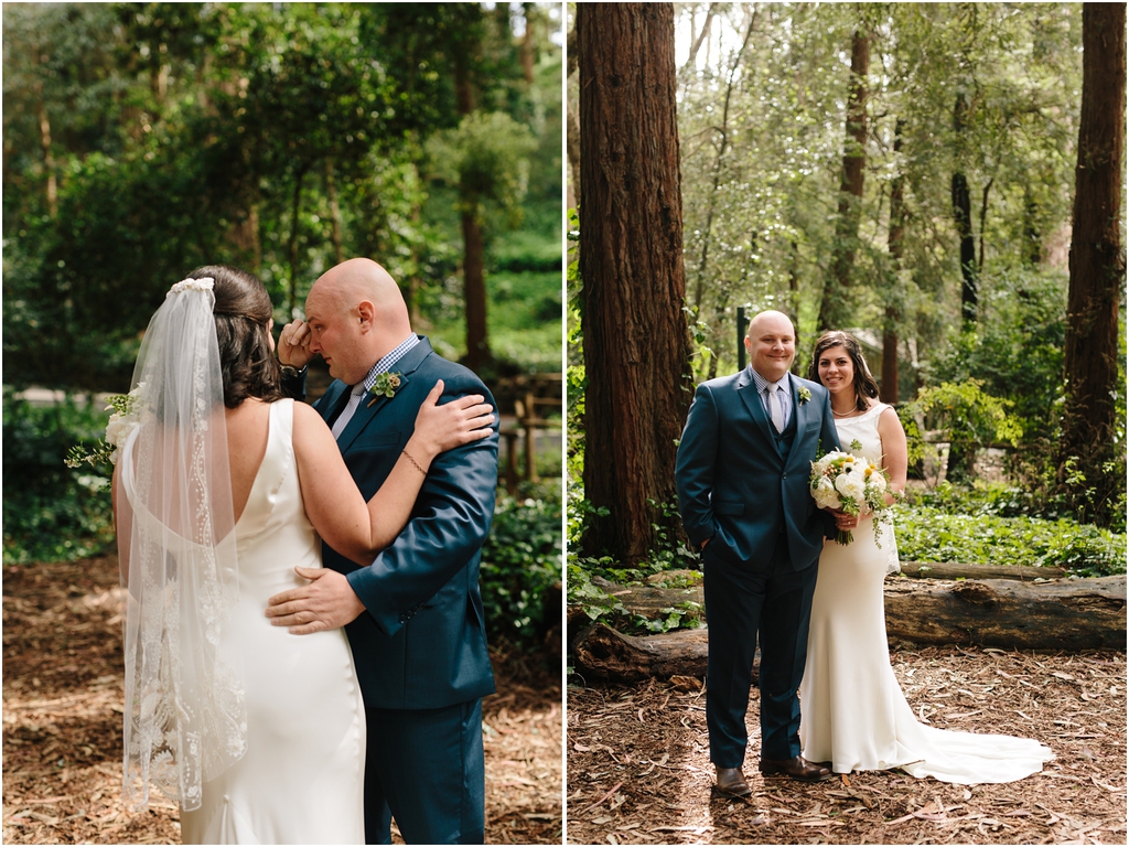 First look in the redwoods during Stern Grove wedding