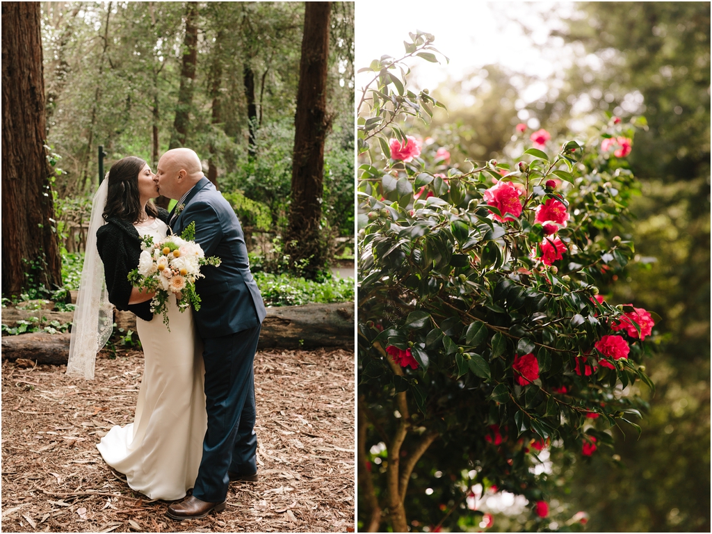 Bride and groom kiss in the redwoods at Stern Grove