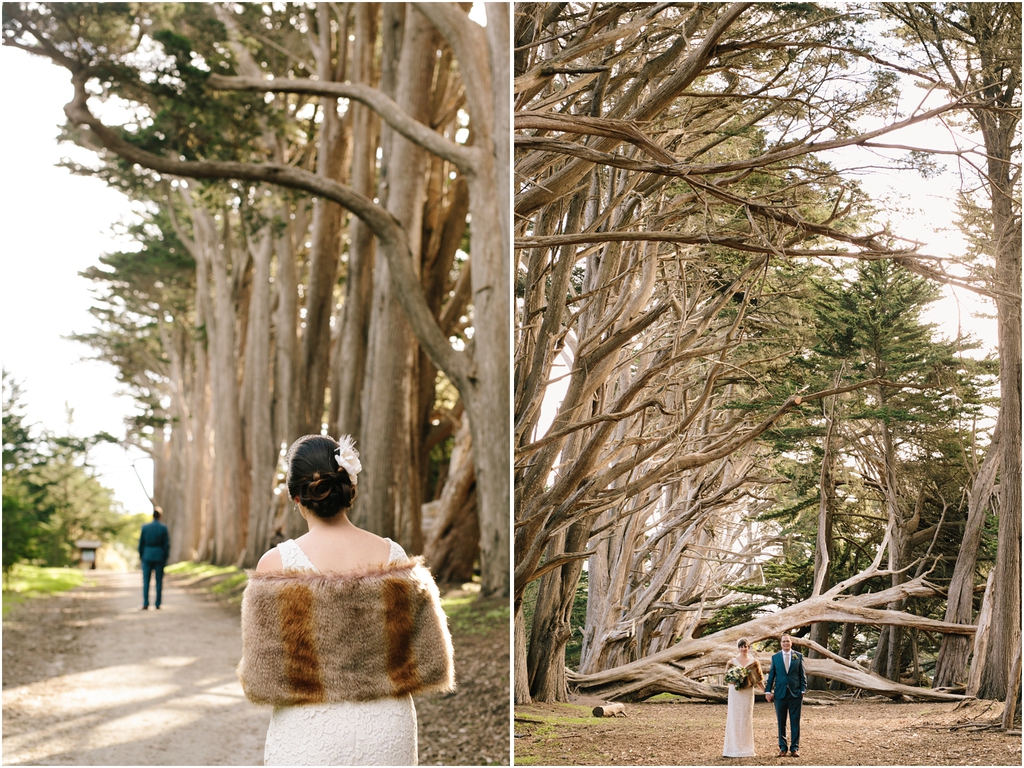 Bride walks towards groom in the trees - Should We Have a First Look