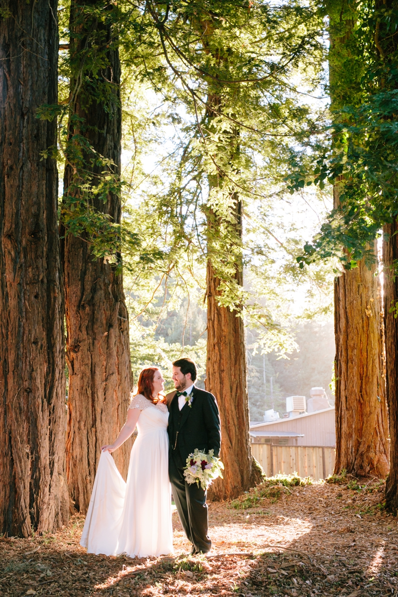 Bride and groom in the Redwoods at wedding venue The Mountain Terrace, Woodside
